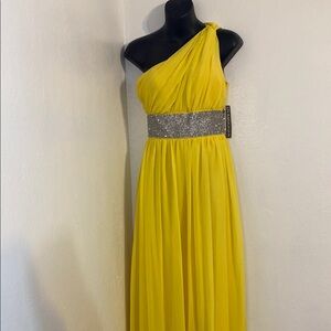 Rampage Yellow One-Shoulder Gown with Silver Waistband